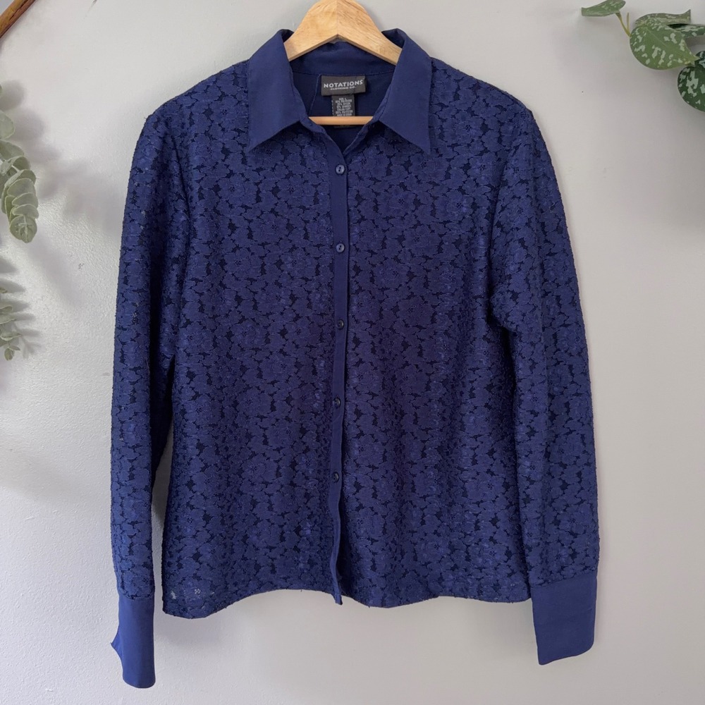 Notations Blouse Blue Floral Lace Romantic Goth Button Down Long Sleeve Collared